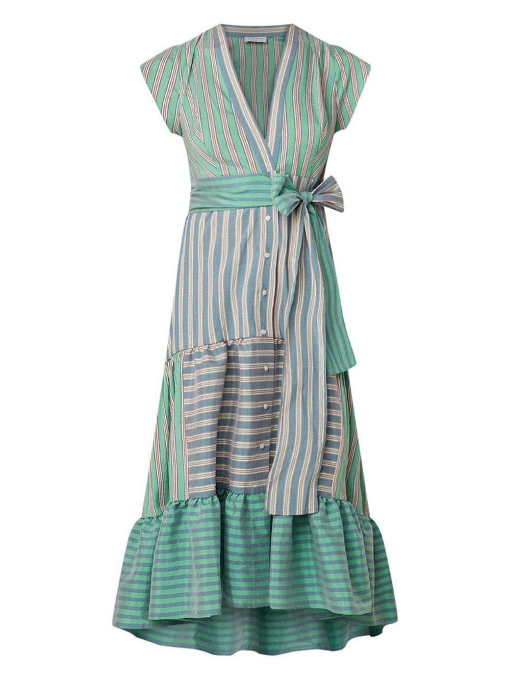 Sandro Striped Wrap High-Low Dress in Green and Blue